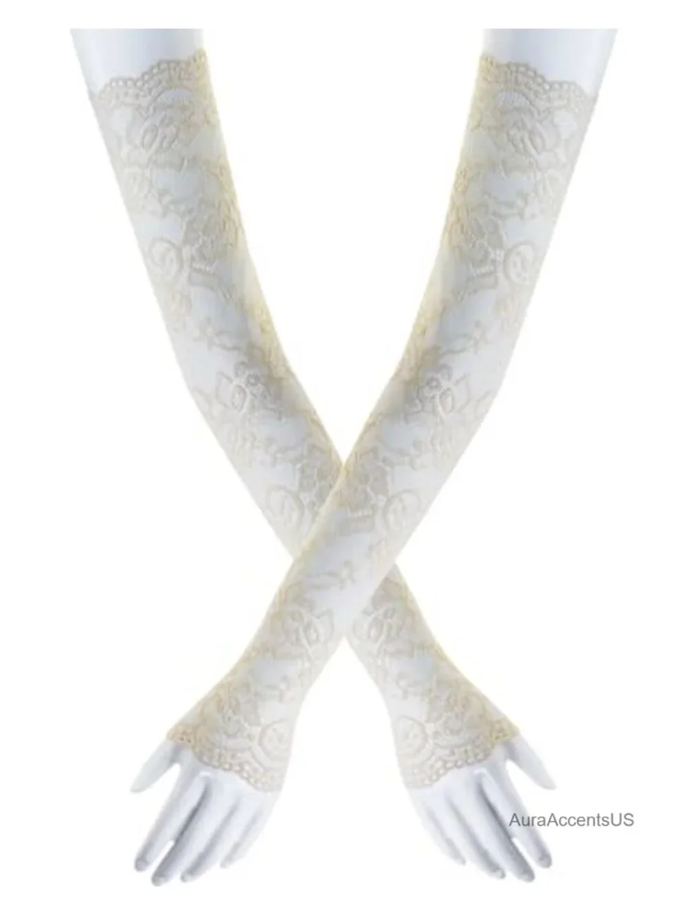 Women Fingerless Elbow Length Lace Gloves Floral Opera Gloves Pair